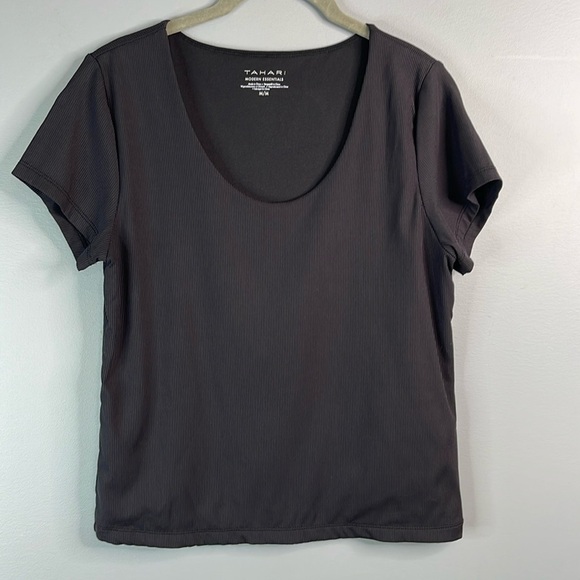 Tahari Modern Essentials Ribbed Dressy Tee Black Scoop Neck Double Layer Size M - Picture 12 of 12